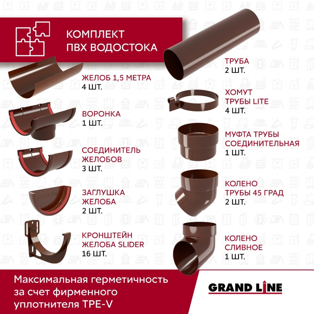 комплект водосточной системы 6 м/3 м d120 мм пвх grand line классика, шоколад
